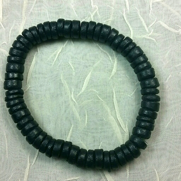 Bracelets Men's set of 3 bundle stackable black leather blue lava rock wood bead - Picture 5 of 6